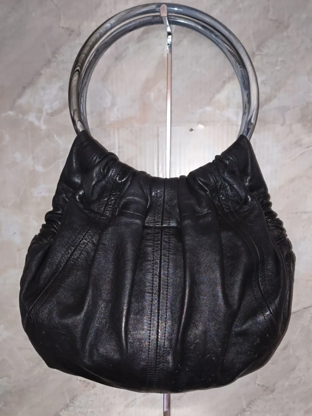 Black Leather Vintage Circle-Handle Women’s Bag